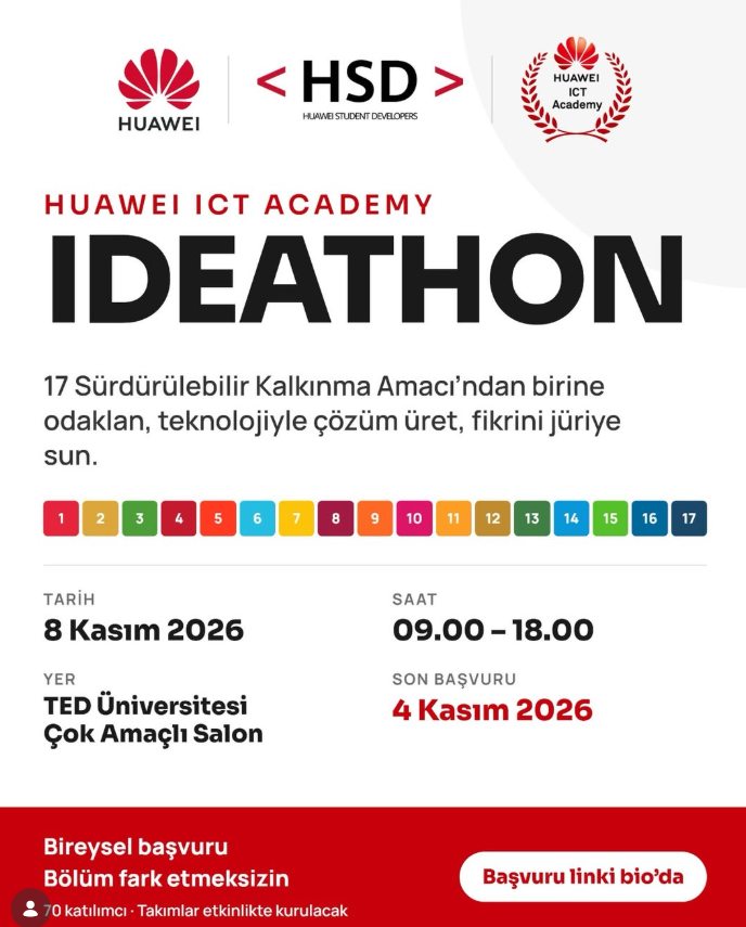 Huawei ICT Academy Ideathon afişi: 8 Kasım 2026 TED Üniversitesi, son başvuru 4 Kasım.