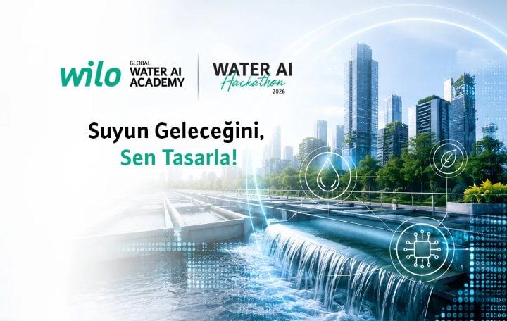 Wilo Water AI Hackathon 2026 duyuru görseli: su altyapısı ve şehir silüeti, “Suyun Geleceğini, Sen Tasarla!” başlığı.